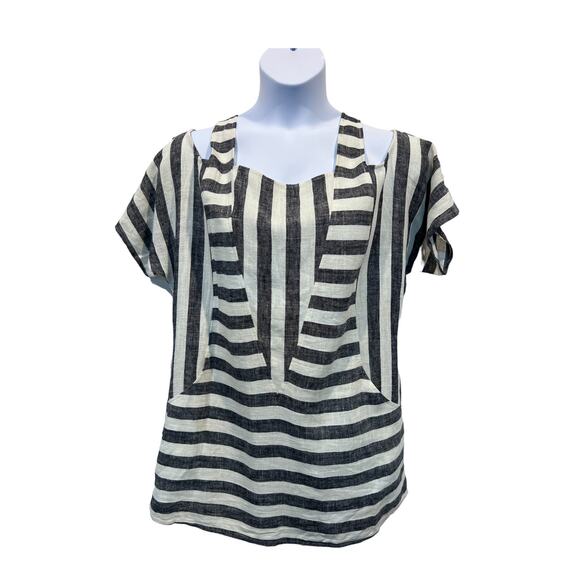 Soft Surroundings Top Wmns Medium Linen Blend Cold Shoulder Striped Blouse - Picture 1 of 11